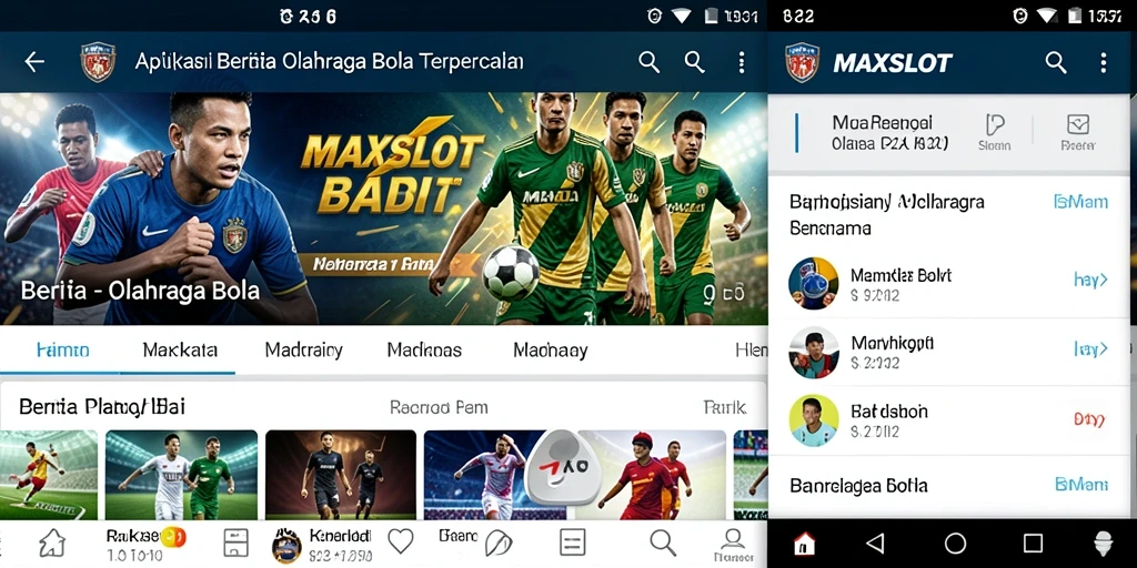 Antarmuka aplikasi MAXSLOT menampilkan berita dan statistik olahraga bola.