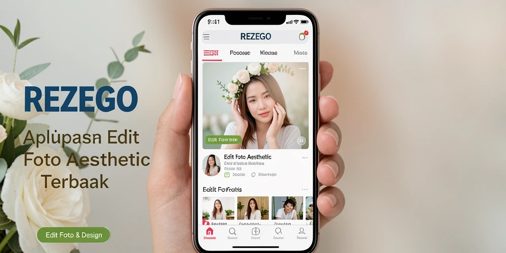 Antarmuka aplikasi REZEGO dengan berbagai efek Edit Foto Aesthetic.